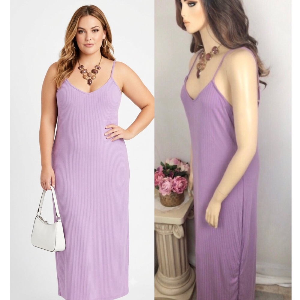 SALE 🔥2X PLUS Solid Lavender Purple Ribbed Sleeveless Long Maxi Y2K Casual Dress